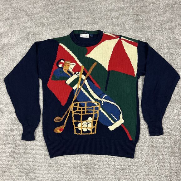 Norm Thompson Sweater Mens Large Navy Blue Golf Clubs Graphic Hand Knit Vintage - Picture 1 of 7